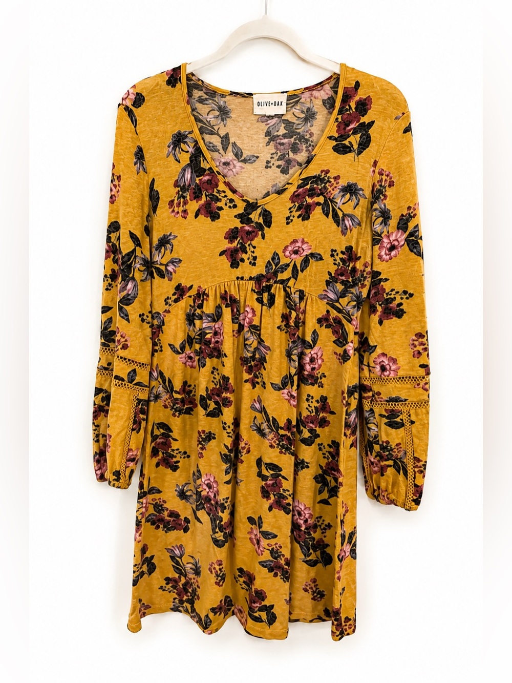 Olive & Oak Mustard Floral Tunic Dress M Boho Fall Cottagecore V Neck